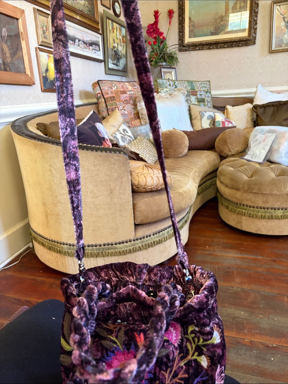 Johnny Was Plum Velvet Mini Drawstring Bag with Multicolor Floral Embroidery - Picture 3 of 5